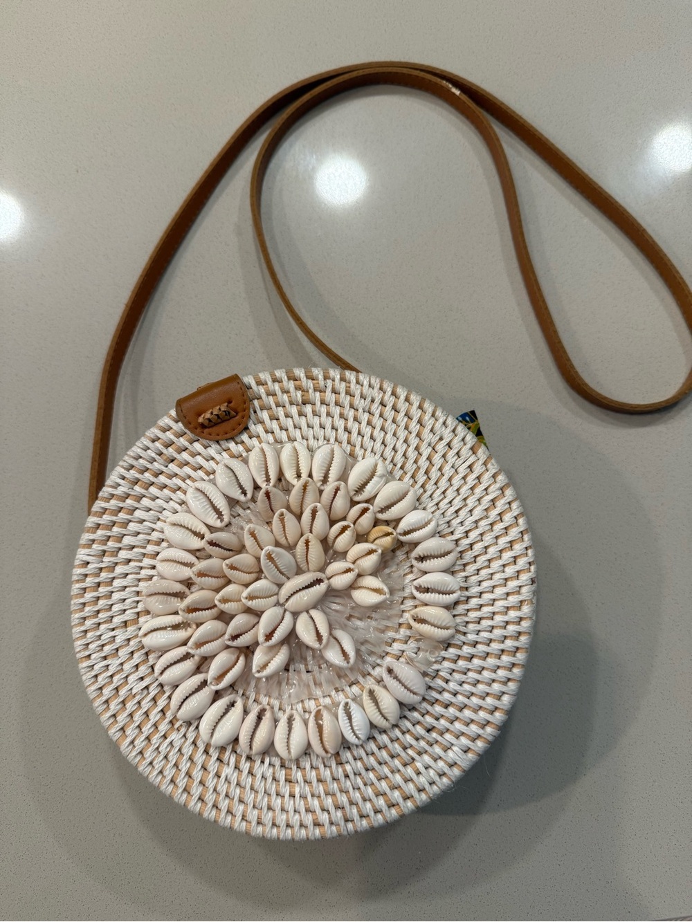 Round Woven Shell Accent Crossbody Bag - White & Tan